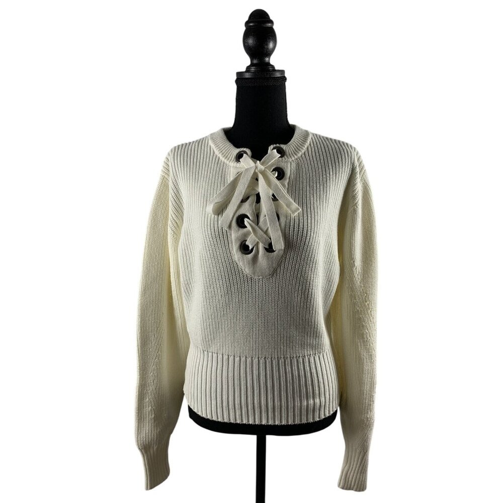 Olivia Warren Lace-Up Cream Knit Sweater With Oversized Eyelets & Ties Large - Picture 1 of 11